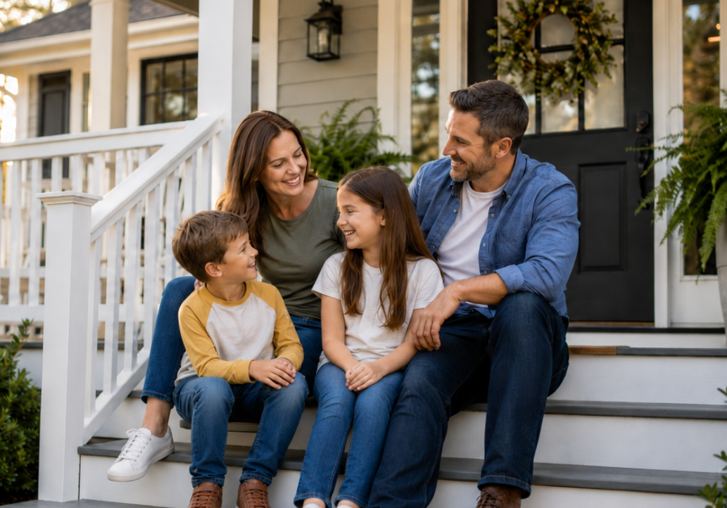 Family relaxing together on their porch